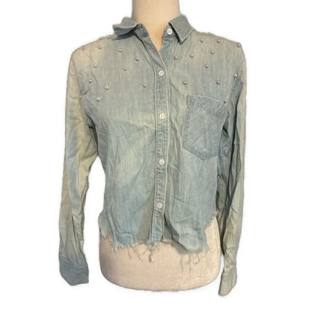 Rails Anthropologie Light Blue Denim Jean Pearl Long Sleeve Button Down Top S